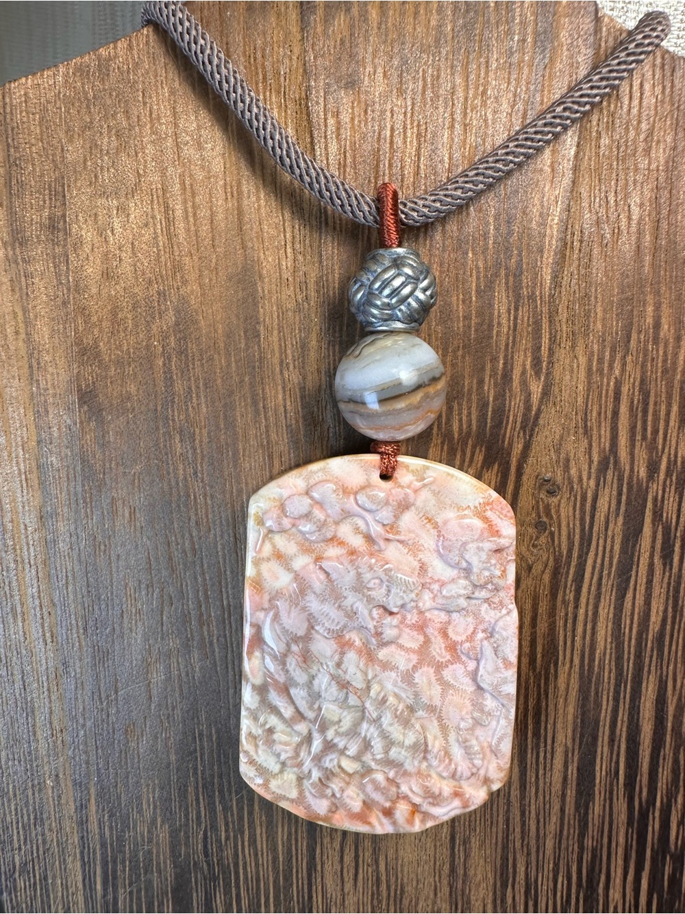 Coral Fossil Tiger Pendant Necklace on Light Brown Adjustable Rope - Picture 5 of 16